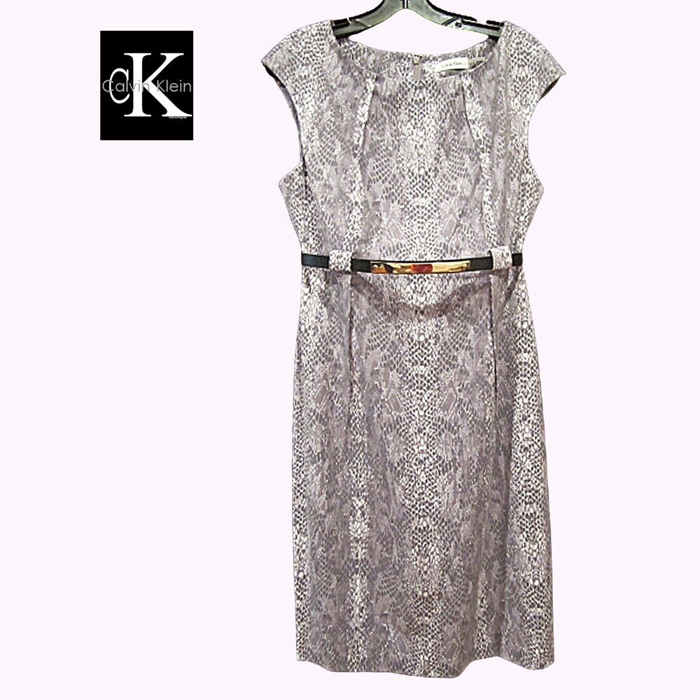 Calvin Klein NEW Black Moon Snake Print Belted Sheath Dress Size 12